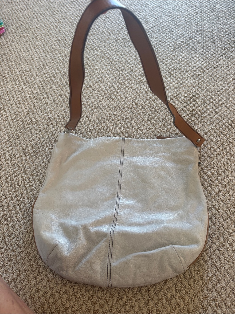 Women's Soft Leather Shoulder Bag in Light Gray with Brown leather Strap